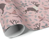 Roze kardinalen en rendieren cadeaupapier (Rol Hoek)