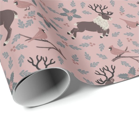 Roze kardinalen en rendieren cadeaupapier (Rol Hoek)