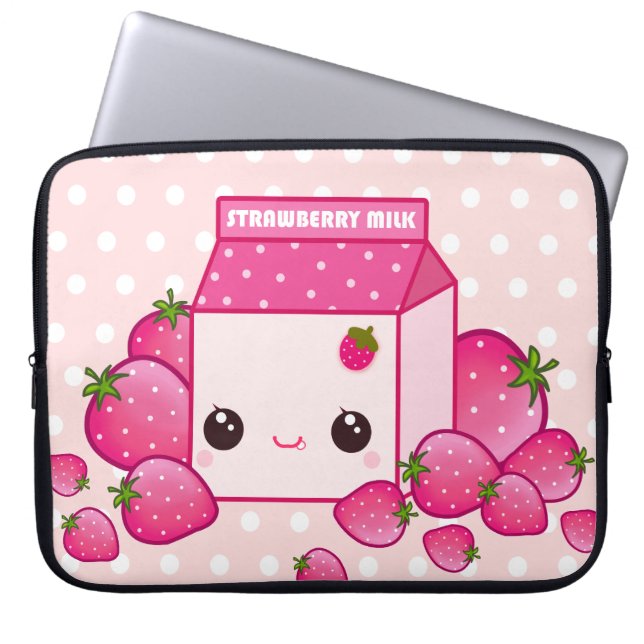 Roze karton met kawaii-aardbeien laptop sleeve (Voorkant)