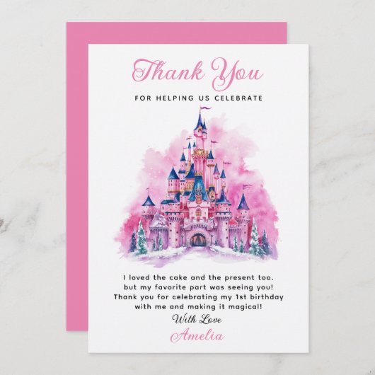Roze Kasteel Aquarel 1e Verjaardag Dank Je Kaart (Voorkant / Achterkant)