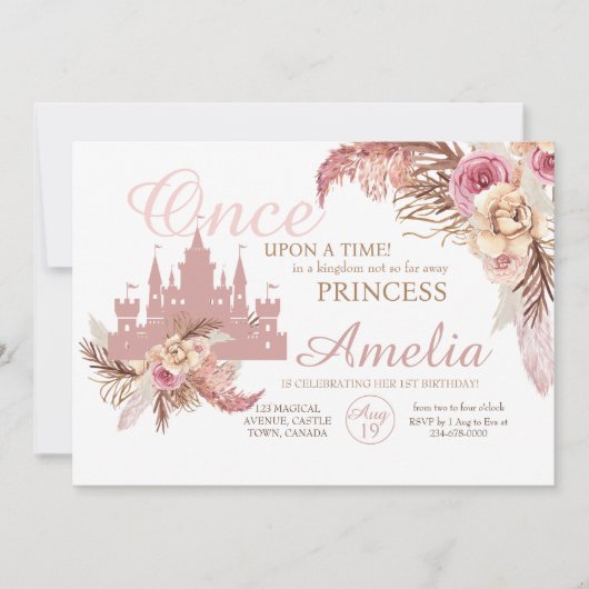 Roze Kasteel Bloem Pampas Prinses 1e verjaardag Kaart (Voorkant)