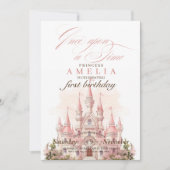 Roze Kasteel Koninkrijk Prinses 1e Verjaardagsfees Kaart (Voorkant)