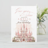 Roze Kasteel Koninkrijk Prinses 1e Verjaardagsfees Kaart (Staand voorkant)