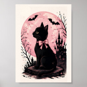 Roze kasteel met volle maan Zwarte Kat Poster