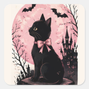 Roze kasteel met volle maan zwarte kat vierkante sticker