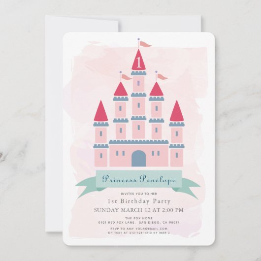 Roze Kasteel Prinses Meisje 1e verjaardag Kaart (Voorkant)