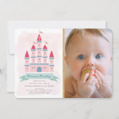 Roze Kasteel Prinses Meisje Foto 1e verjaardag Kaart (Voorkant)