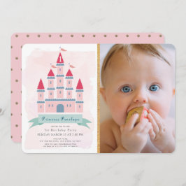 Roze Kasteel Prinses Meisje Foto 1e verjaardag Kaart