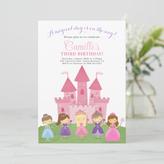 Roze Kasteel Prinses Partij Verjaardag Uitnodiging (Staand voorkant)