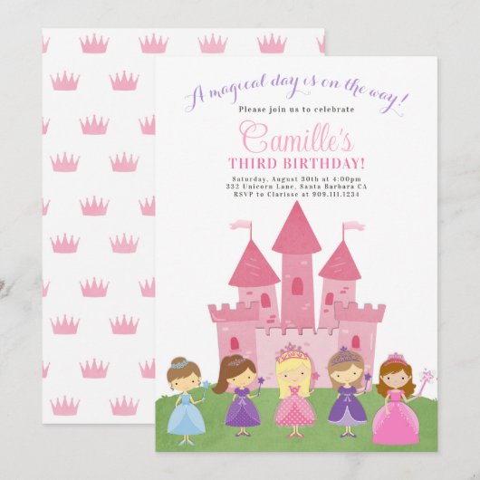 Roze Kasteel Prinses Partij Verjaardag Uitnodiging (Voorkant / Achterkant)