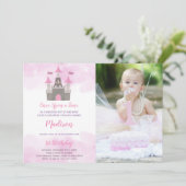 Roze Kasteel Prinses Verjaardag Uitnodigingen (Staand voorkant)