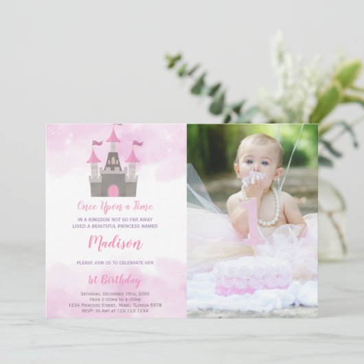 Roze Kasteel Prinses Verjaardag Uitnodigingen (Staand voorkant)