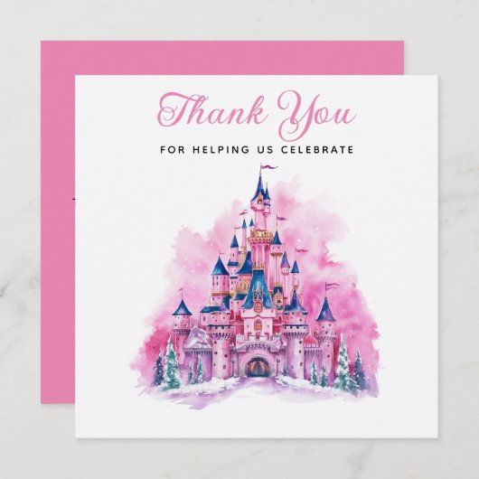 Roze Kasteel Waterverf 1e Verjaardag Dank u kaart (Voorkant / Achterkant)