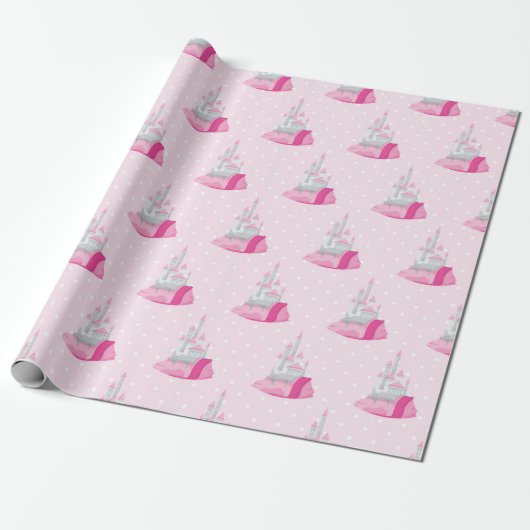 Roze kasteelpatroon cadeaupapier (Uitgerold)