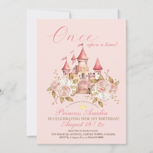 Roze kasteelprinses 1e verjaardagsfeestje kaart (Voorkant)