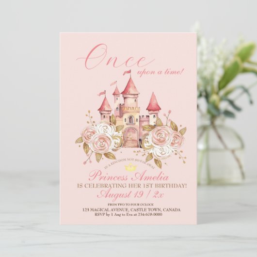 Roze kasteelprinses 1e verjaardagsfeestje kaart (Staand voorkant)