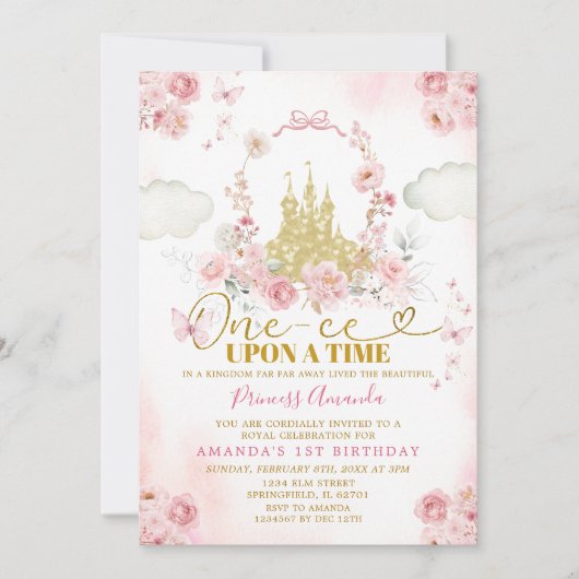 Roze Kasteelprinses Eenmaal op een verjaardag Kaart (Voorkant)