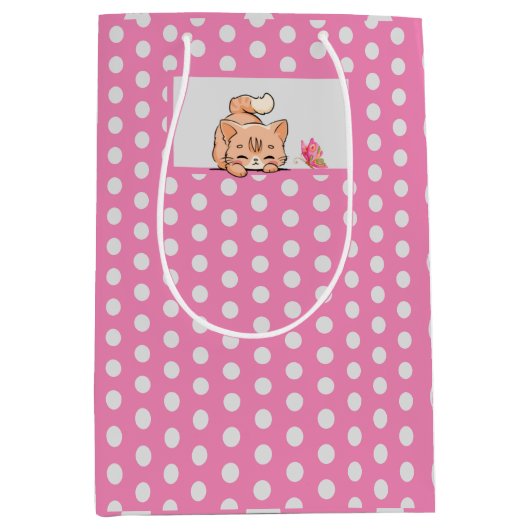Roze kat cadeau tas medium cadeauzakje (Voorkant)
