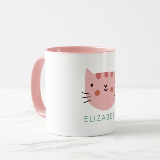 Roze kat Cute Custom Name Mok (Voorkant links)