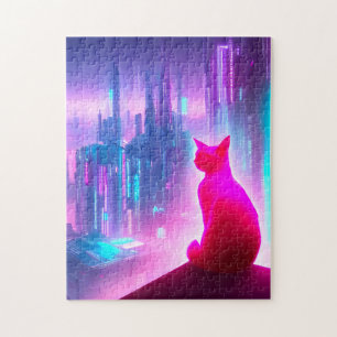 Roze kat die uitkijkt boven de stad Jigzaag Puzzle Legpuzzel
