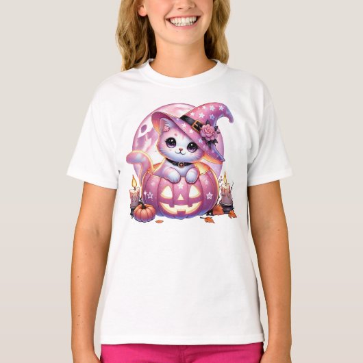 Roze kat en pompoen t-shirt (Voorkant)