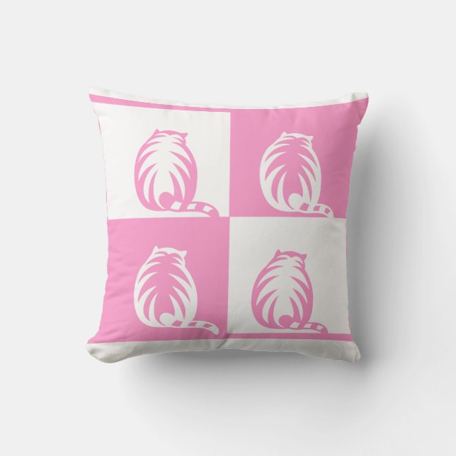 roze kat en wit schaakbord patroon kussen (Voorkant)