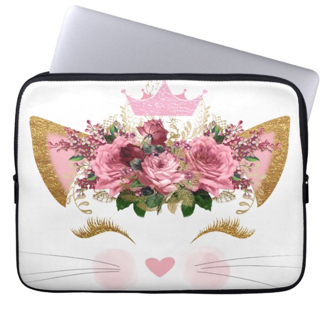  roze Kat Floral roze kroon Laptop Sleeve (Voorkant)