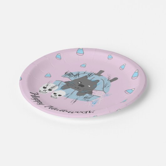 Roze kat in pompoen papieren bordje (Gekanteld)