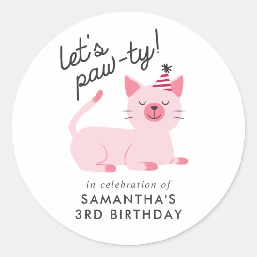 Roze Kat Kids Verjaardagsfeest | Let's Paw-ty Ronde Sticker (Voorkant)