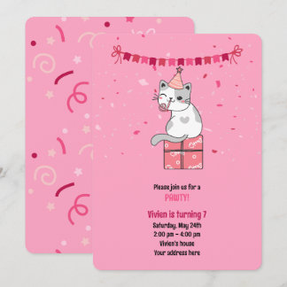 Roze Kat Kinderverjaardagsfeestje Kaart