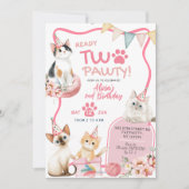 Roze kat klaar twee pawty 2e verjaardag uitnodigin kaart (Voorkant)