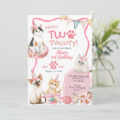 Roze kat klaar twee pawty 2e verjaardag uitnodigin kaart (Staand voorkant)