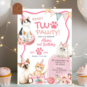 Roze kat klaar twee pawty 2e verjaardag uitnodigin kaart