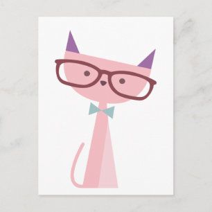 Roze kat met bril briefkaart