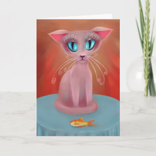 Roze Kat met een Goudvis op een Blauwe Tafel Kaart