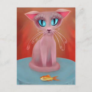 Roze kat met een goudvis op een blauwe tafelkaart briefkaart