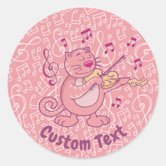 Roze kat met Violin Classic Round Sticker (Voorkant)