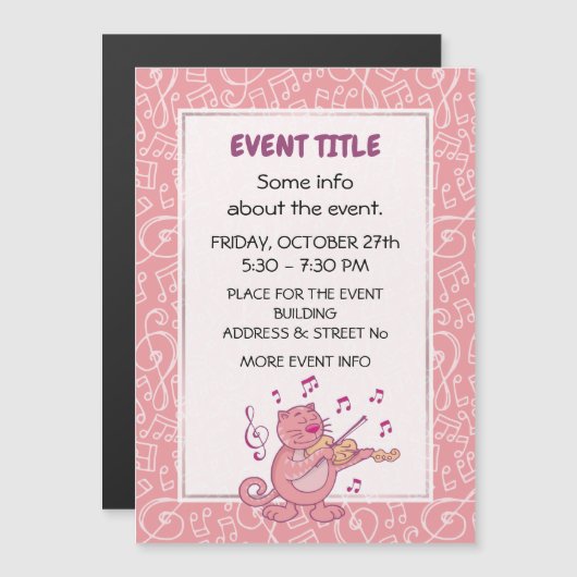 Roze kat met Violin Magnetic Invitation (Voorkant / Achterkant)