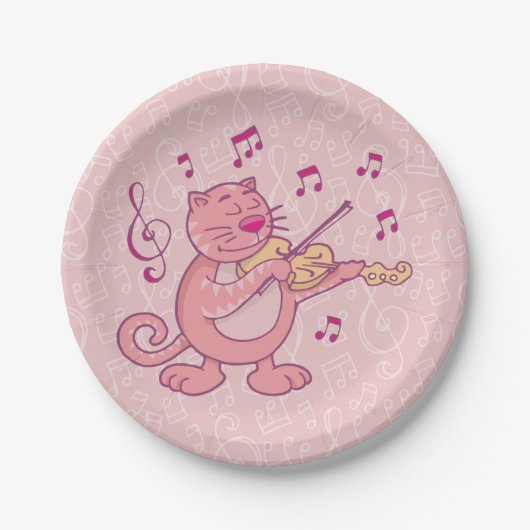 Roze kat met Violin Papieren Bordje (Voorkant)