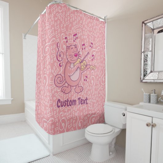 Roze kat met Violin Shower Curtain Douchegordijn (In situ)