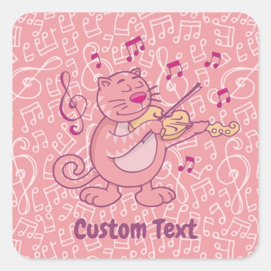 Roze kat met Violin Square Sticker (Voorkant)