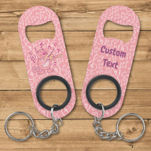 Roze kat met viool sleutelhanger flesopener mini flessenopener