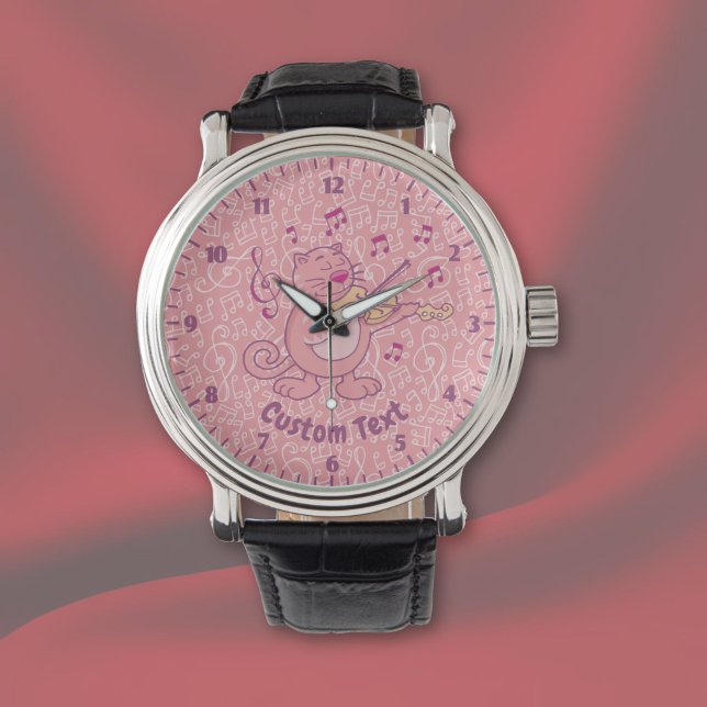 Roze kat met vioolhorloge horloge (Creator heeft geüpload)
