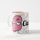 Roze kat Monogrammed Letter C en Name Kinder Tweekleurige Koffiemok (Voorkant links)