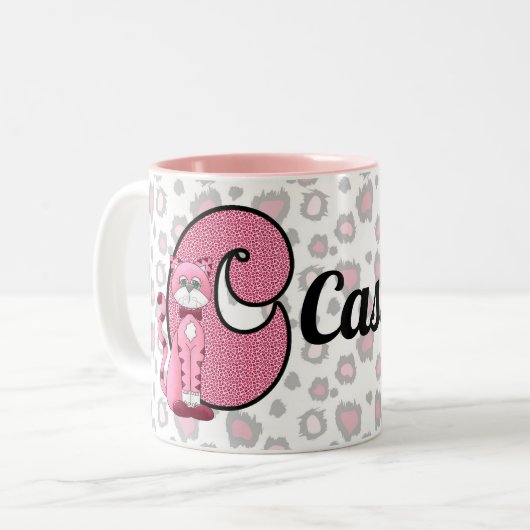 Roze kat Monogrammed Letter C en Name Kinder Tweekleurige Koffiemok (Voorkant links)