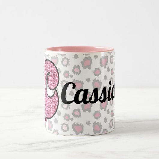Roze kat Monogrammed Letter C en Name Kinder Tweekleurige Koffiemok (Center)