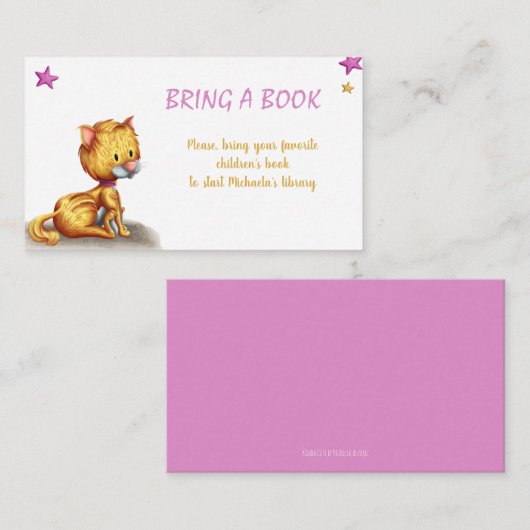 Roze kat neemt een boek mee informatiekaartje (Voorkant / Achterkant)