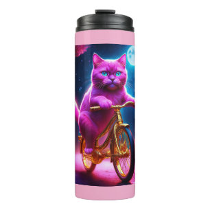 Roze kat op een Schilderachtig fietspad Thermosbeker