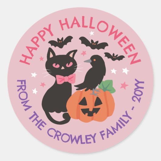 Roze Kat Pompoen Raven Happy Halloween Ronde Sticker (Voorkant)
