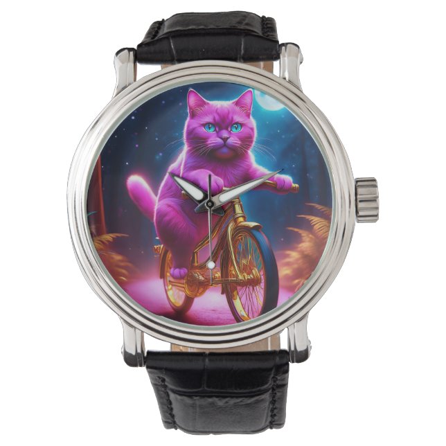 Roze kat rijdt op gouden fiets horloge (Voorkant)